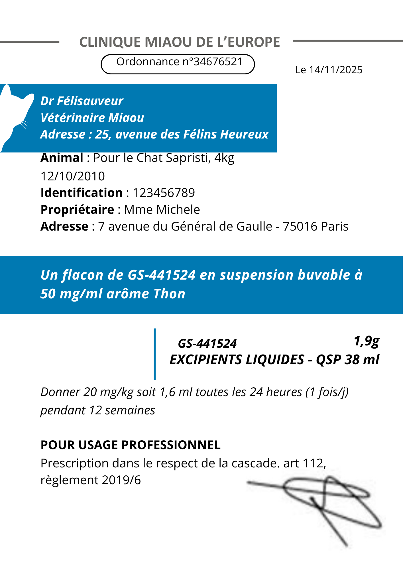 Ordonnance type 20mg/kg SID